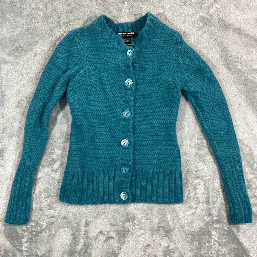 Mariele Waithe 100% Cashmere Cardigan Women Small Teal Blue Textured Sweater